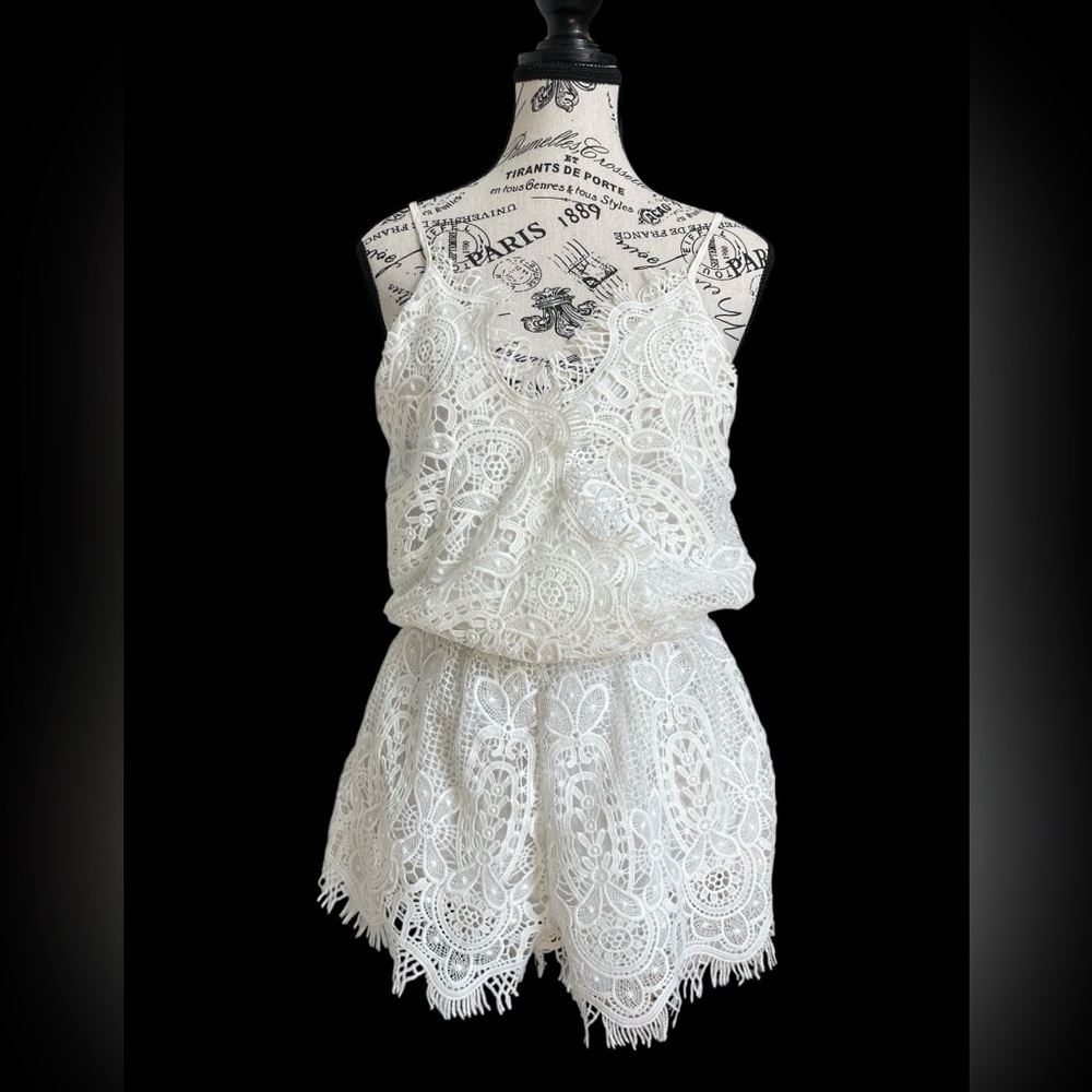 San Joy White Lace Romper Boho Sleeveless Crochet Overlay